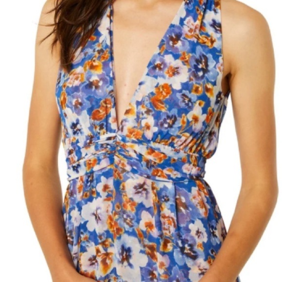 MISA Dominika Maxi Dress XS  Blue Pansy Floral Flowy Plunging Neckline Feminine - Picture 8 of 16